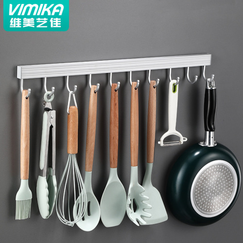 Hole-free kitchen hook wall-mounted storage rack Space aluminum multi-functional kitchen and bathroom pendant row hook pot spatula hook rack