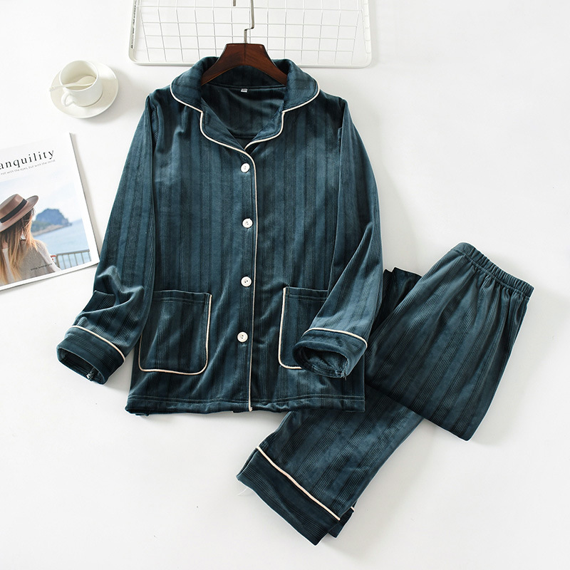 LH女海島縦縞フロマージュグリーンパジャマカバー