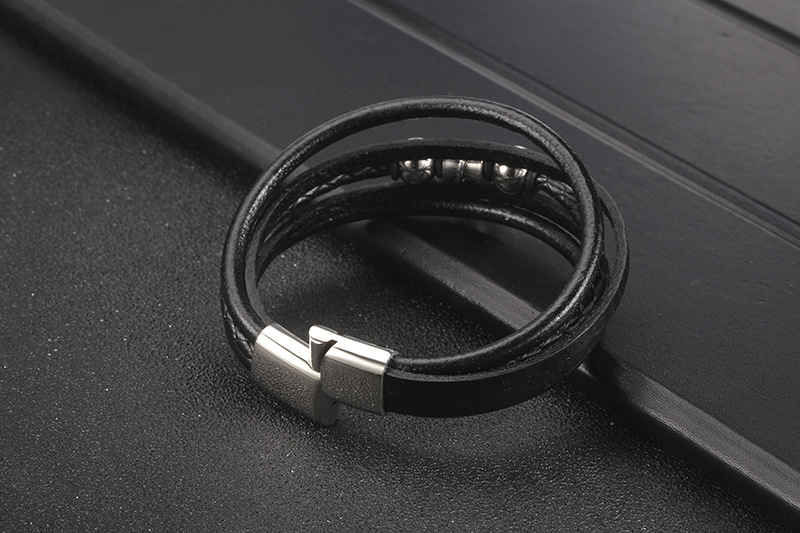 Fashion Woven Multilayer Leather Stainless Steel Magnetic Clasp Leather Bracelet