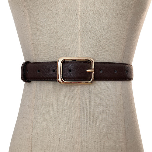 Women's Belt in Instagram Style, Versatile Gold Square Button Wool Coat with Belted Skirt and Black PU Belt