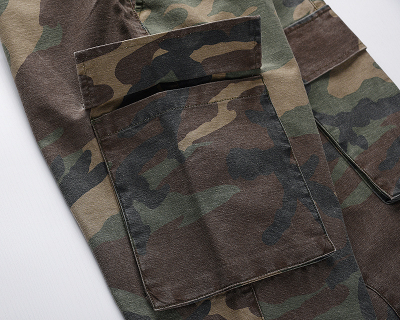 Men's clothing high street washed camouflage large pockets elastic waist tie micro flared overalls casual jeans jeans_voghion.com