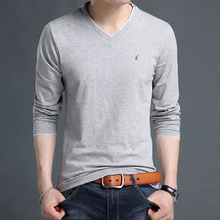春秋款男式T恤韩版修身纯色T恤青年男装v领长袖多种图案厂家