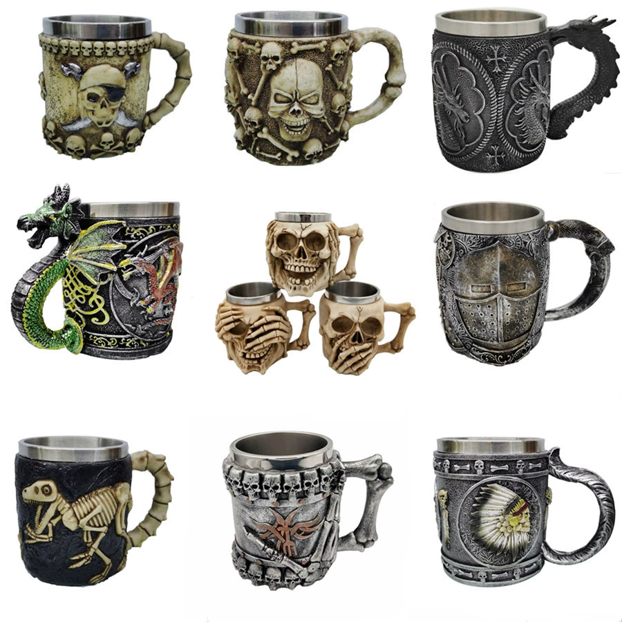 3D череп Mug — смоляной внешний слой и двойной слой нержавеющей стали, Gothic Goblet 330–400 мл