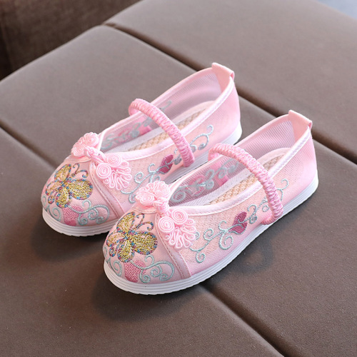 Children's breathable mesh shoes with Chinese style, embroidered girl's shoes, ethnic style, old Beijing Hanfu cloth shoes, summer edition sandals