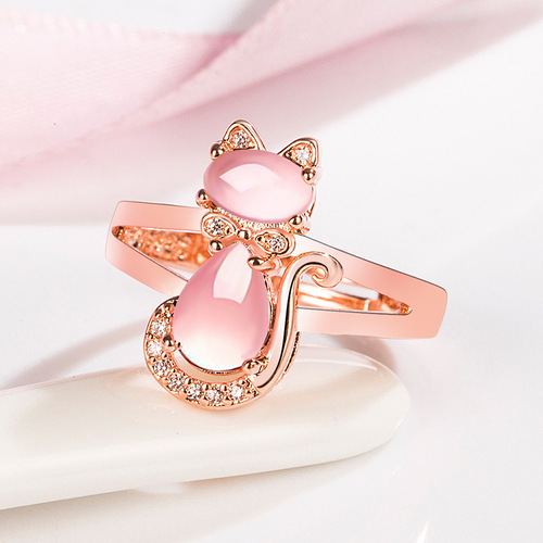 Korean version pink crystal cat ring for women with diamond hibiscus stone cat ring cute cat open fashion ring