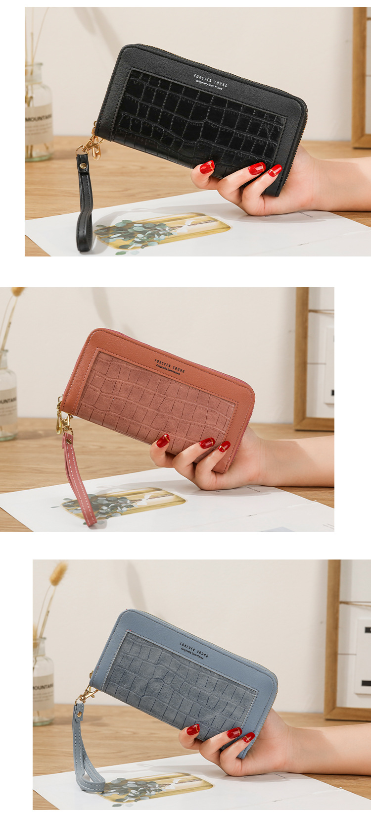 Frau Einfarbig Pu-Leder Reißverschluss Brieftaschen display picture 1