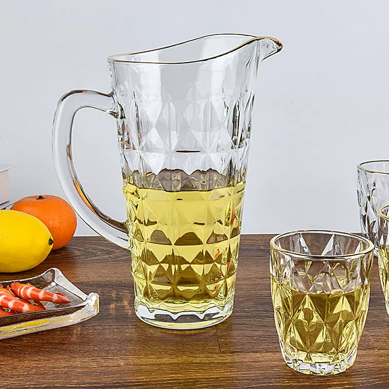 菱形钻石纹玻璃冷水壶加厚玻璃果汁壶大容量水具套装金边啤酒杯子