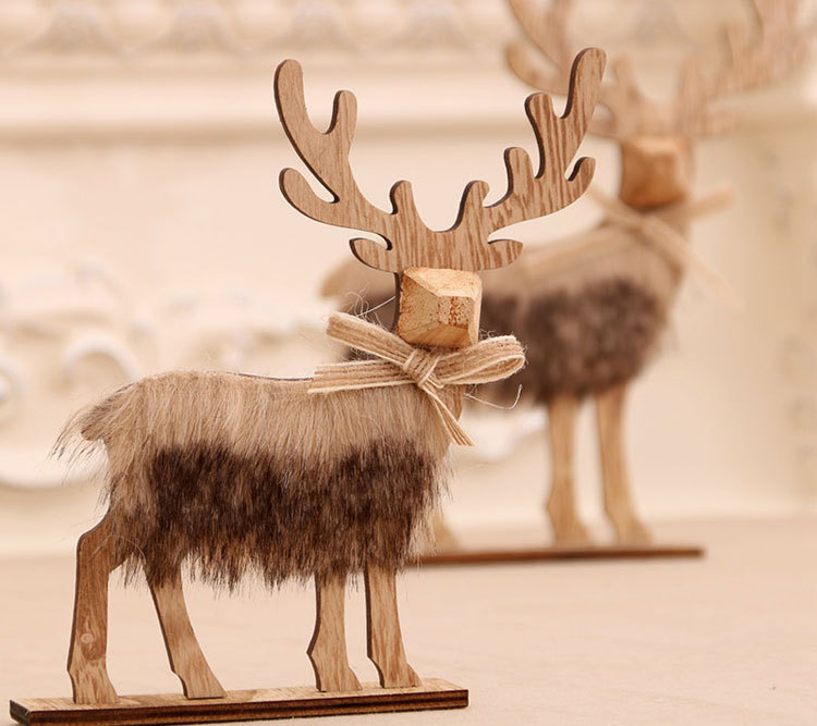 Wooden Assembled Christmas Deer Ornaments Log Style Plush Christmas Deer display picture 3