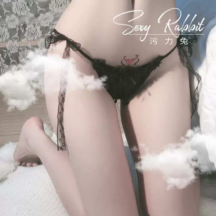 污力兔情趣内衣欧美女式性感透明蕾丝侧绑带蝴蝶开裆丁字内裤外贸