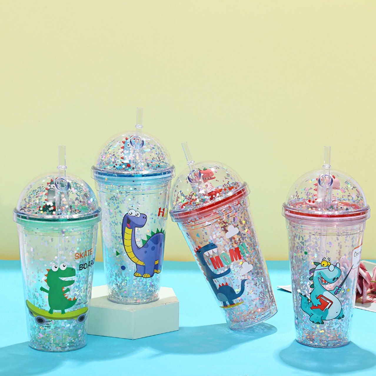 new pattern dinosaur Plastic straw Ice Cup children Selling double-deck Viewing Readily Cup Manufactor Direct selling Customize logo
