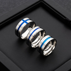 Wholesale Cross-border Bestselling Stainless Steel Jewelry 8mm Wide Matte with Blue Double Diagonal Edges Simple Men's Ring