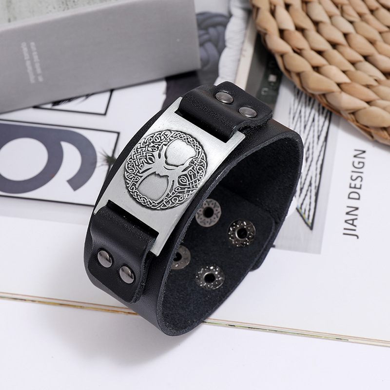Viking Totem Lucky Tree Leather Retro Woven Punk Menu0027s Wide Leather Bracelet nihaojewelry