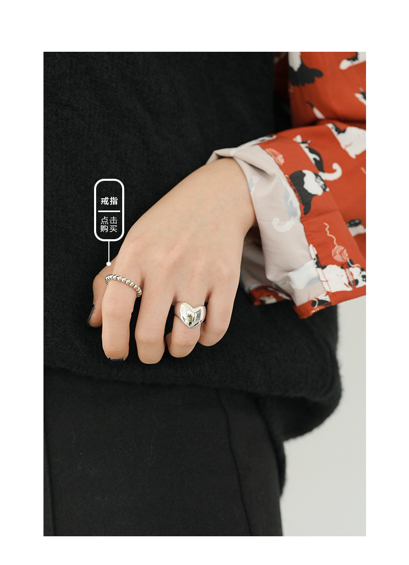 Korean Version Of S925 Sterling Silver Ring Simple And Versatile Heart-shaped Wide Open Female Ring Personalized Silver Ring display picture 5