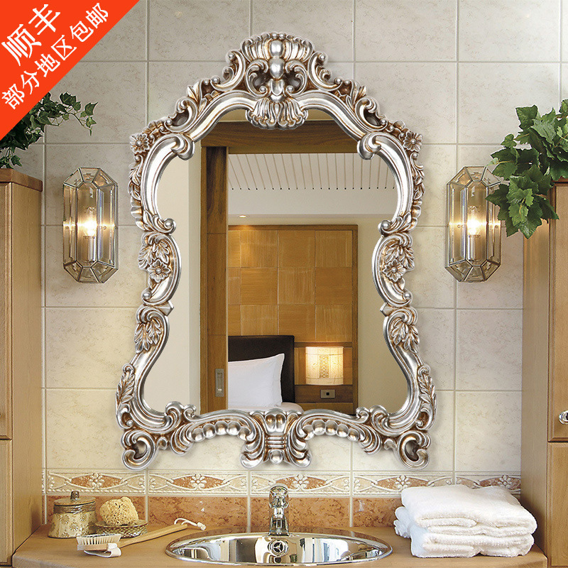 European Style French Style Retro Bathroom Mirror Light Luxury Bathroom Wall Mounted Mirror Entrance Fireplace Arched Carved Decorative Mirror Frame