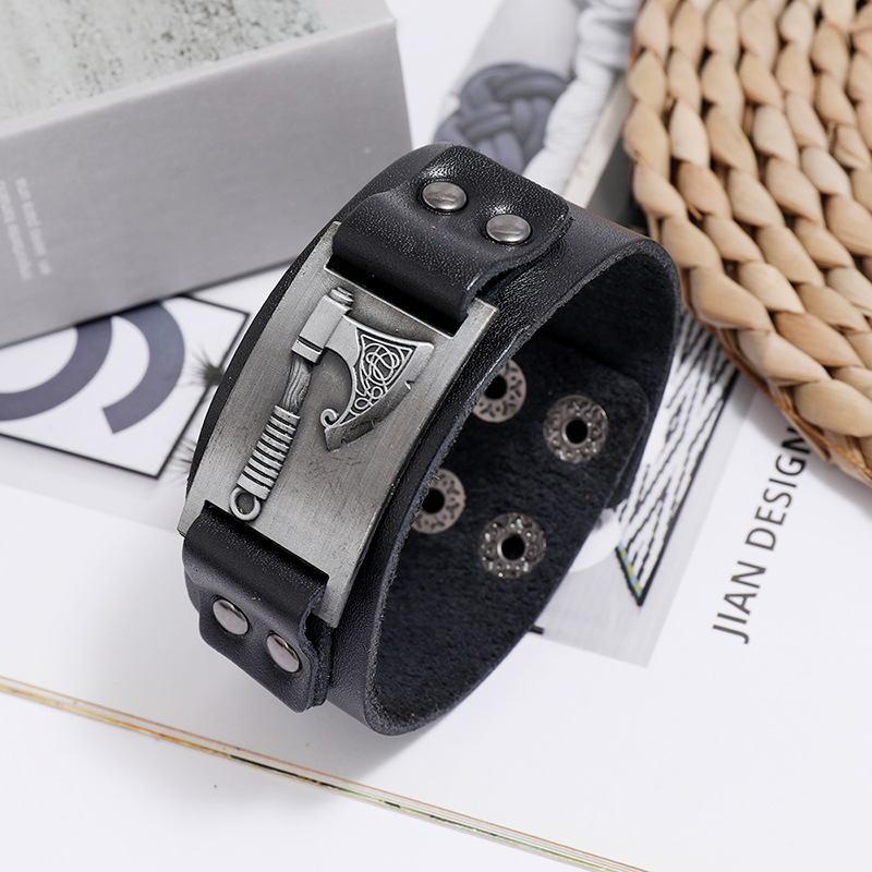 Viking Tomahawk Leather Retro Simple Punk Menu0027s Locomotive Wide Leather Bracelet wholesale nihao
