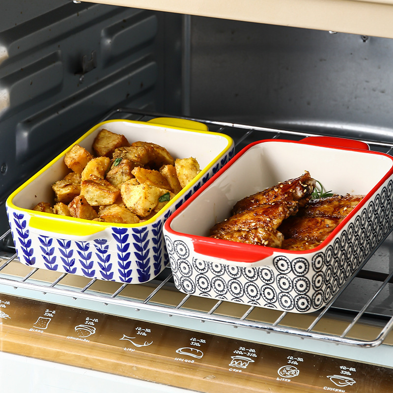 Hand-painted ceramic high-looking double-ear cheese baked rice microwave oven plate household oven special baking tray safe and non-toxic