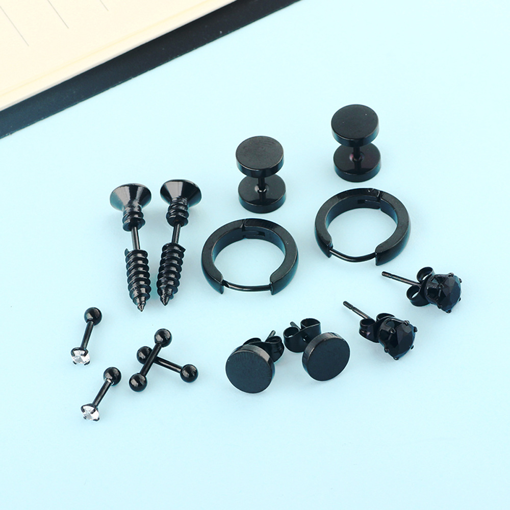 Amazon Hot Sale New Round Men's Earring Set Stainless Steel Earrings Wholesale 8mm Black 14-Piece Set detail image 7