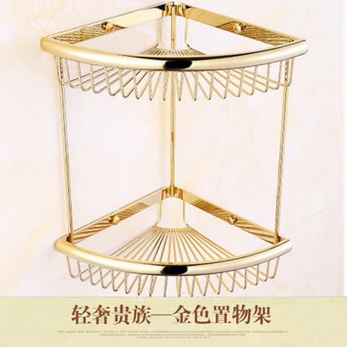 All copper triangle basket bathroom tripod gold corner rack wall hanging double layer mesh basket storage rack bathroom pendant