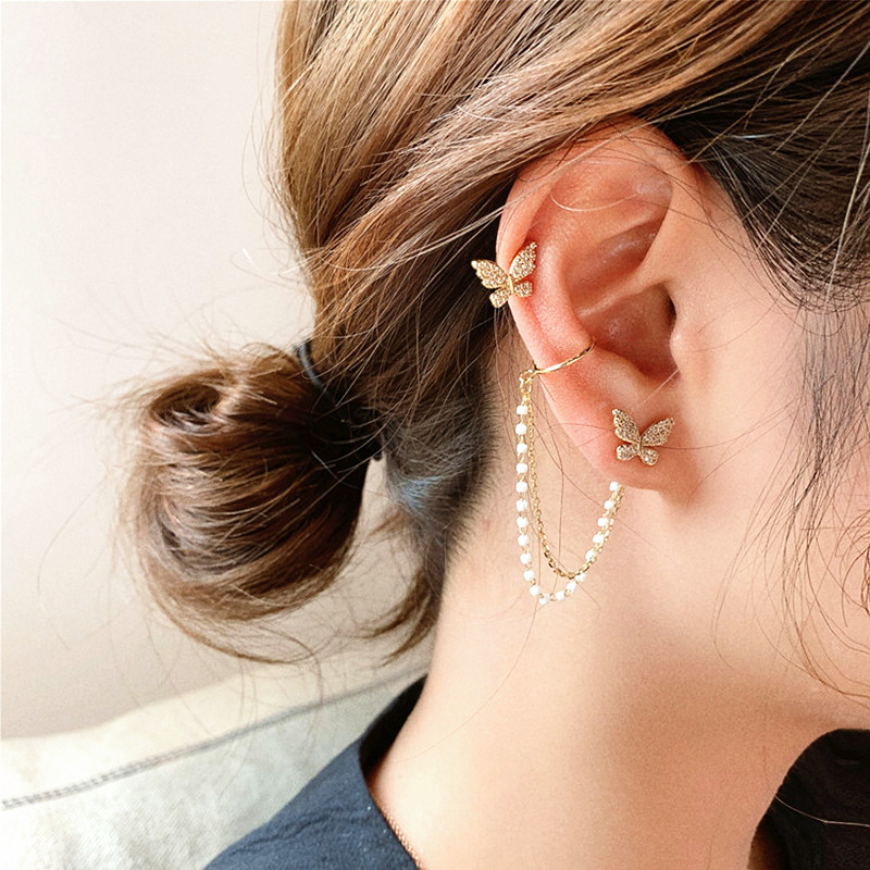 S925银针韩国东大门时尚镶钻蝴蝶耳钉珍珠超仙简约链条个性耳夹女