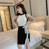 Black and white color matching hanging neck slim waistcoat dress with slit knitted skirt and hip skirt