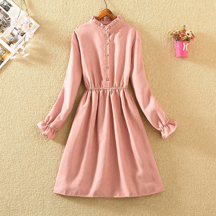 森系文艺复古中长款灯芯绒连衣裙女长袖2020款秋季宽松打底长裙子