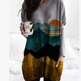 EBAY2020亚马逊速卖通爆款女士山脉印花长袖T恤