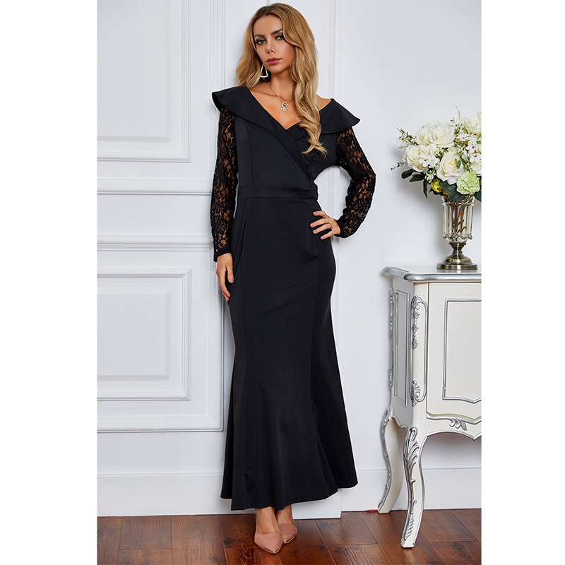 lace hollow long-sleeved V-neck long dress NSSA26058