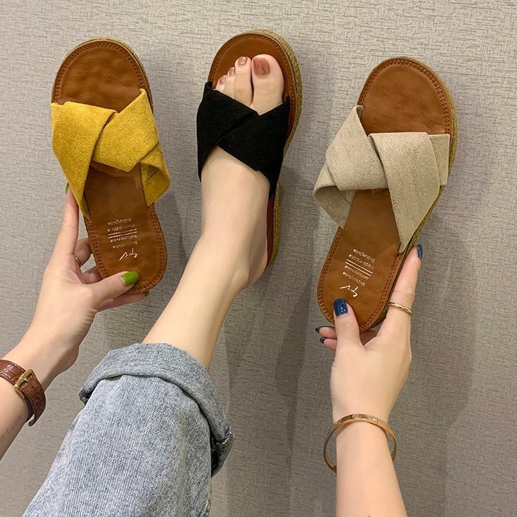 Summer Sandals for Women's Outer Wear 2025 New Style Suede Flats Cross Women's Slippers Women's Shoes Wholesale Summer Sandals for Women's Outer Wear 2025 New Style Suede Flats Cross Women's Slippers Women's Shoes Wholesale
