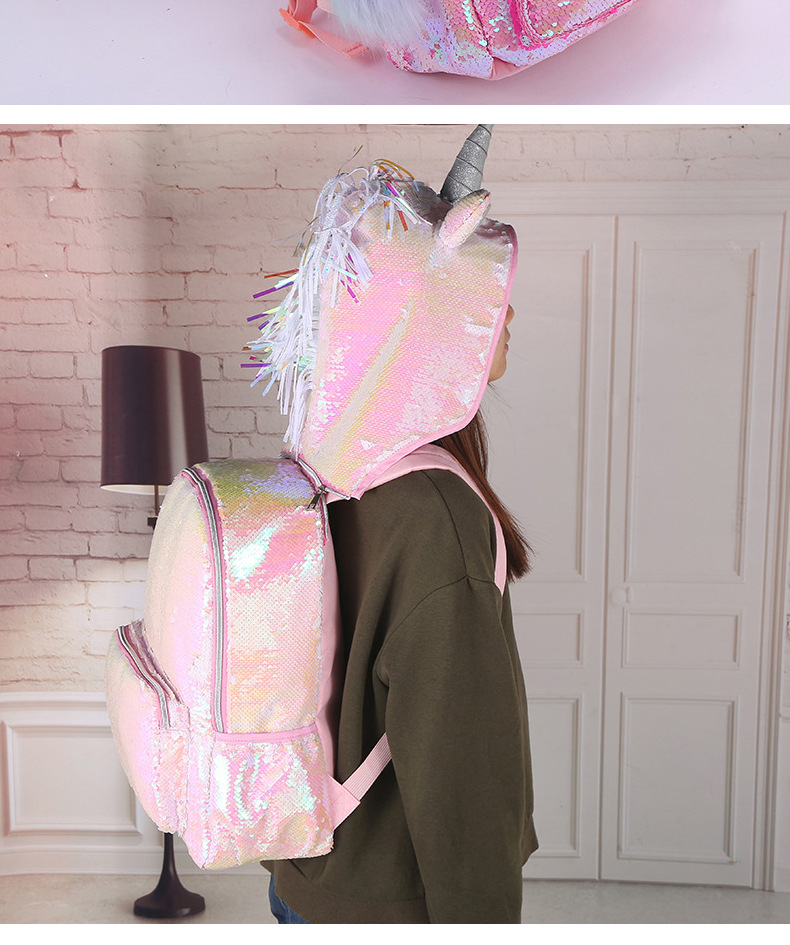 Hooded Unicorn student large-capacity sequined fashionable schoolbag children's outdoor travel backpack detail image 14