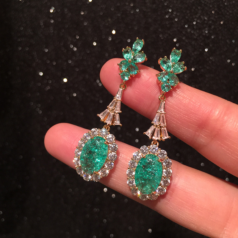 Green Earrings Vintage Luxury Micro Inlaid Zircon Elegant S925 Silver Pin Earrings display picture 3