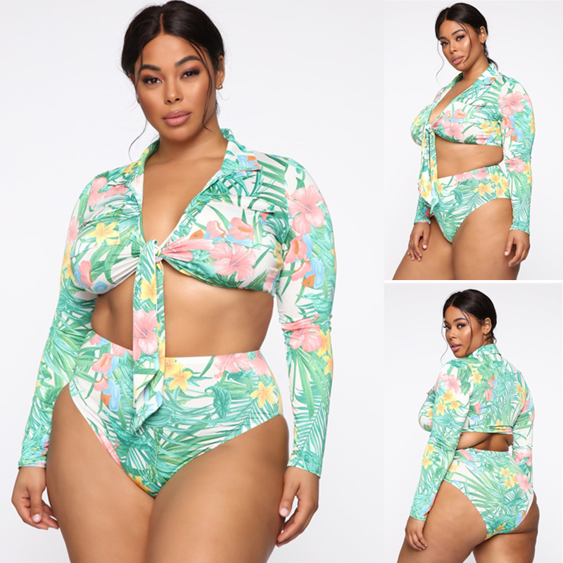 Bikini European And American Large Size Swimsuit Long Sleeve High Waist Fat Woman Swimwear