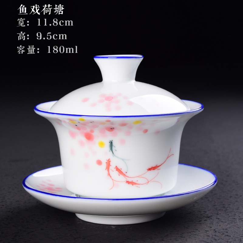 Cubierta pintada a mano Tazón Taza de té de cerámica juego de té de Kung Fu hogar tamaño pequeño Tazón de té Taza blanca tostada de porcelana Taza de té de tres piezas cubierta Tazón