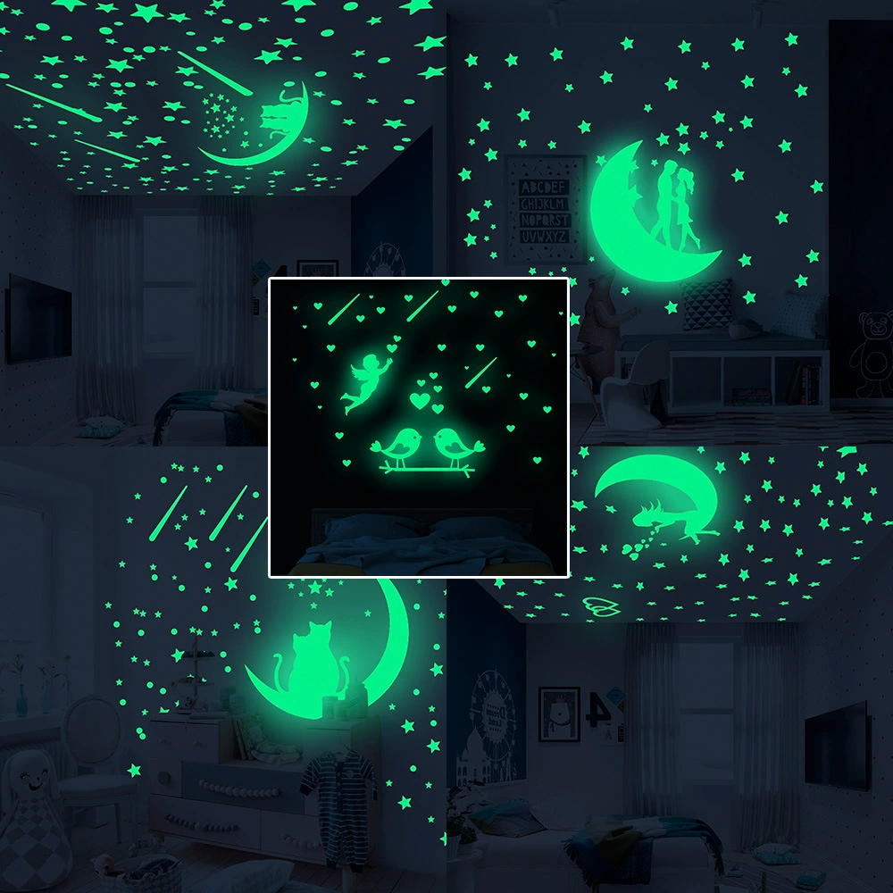 День Святого Валентина светящиеся наклейки Луна кошка пара Звезда Любовь Метеор флуоресцентные наклейки DIY мультфильм Светящиеся Настенные наклейки
