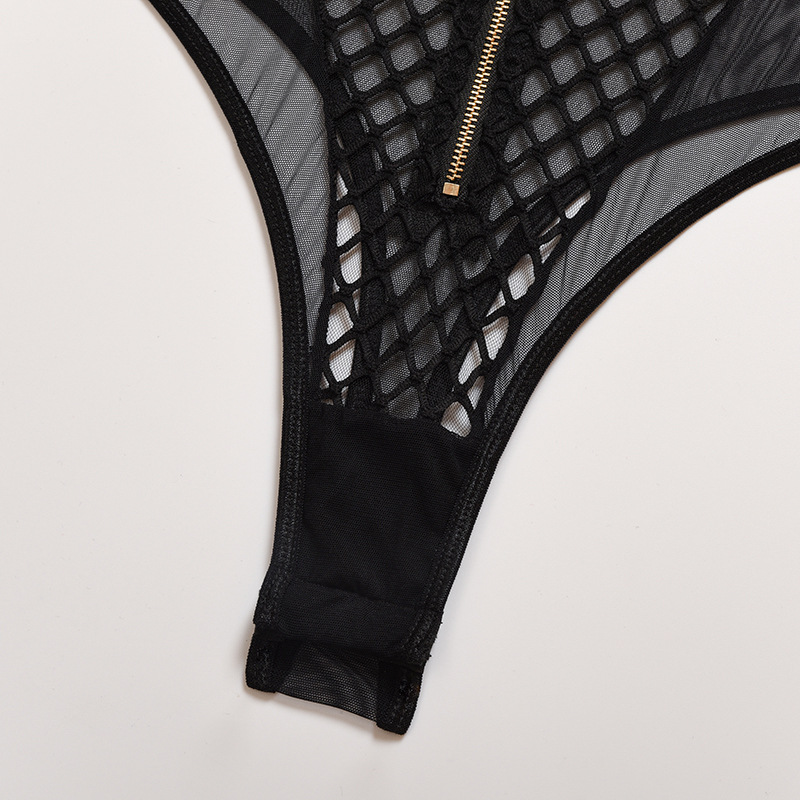 mesh stitching fishnet hole zipper V-neck underwear wholesale clothing vendor Nihaostyles NSWY69045