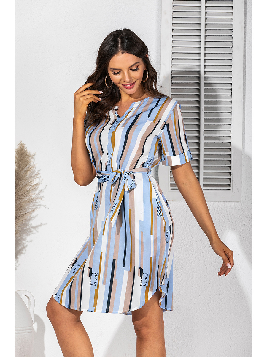   printing mid-sleeve slim-fit belted dress NSAL2925