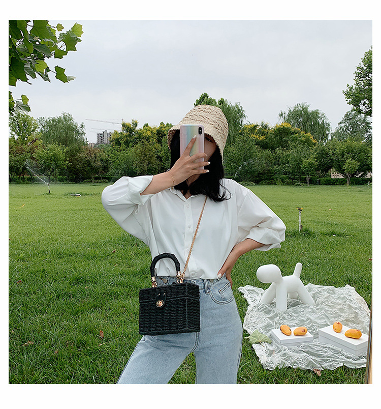 Straw Material Medium Straw Solid Color Square Buckle Straw Bag