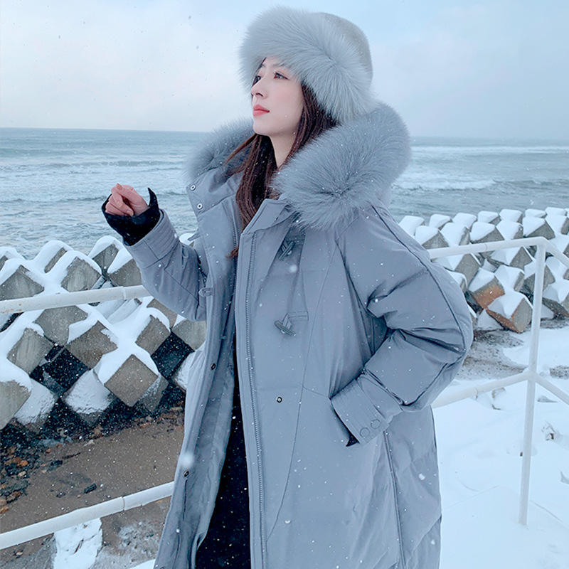 白鸭绒狐狸毛领牛角扣羽绒服中长款女冬2020年新款加厚派克服代发|ms