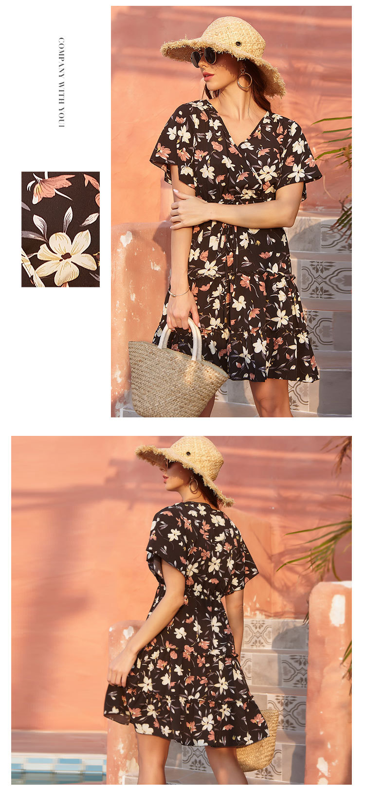 retro v-neck lace-up floral chiffon dress NSJR52368