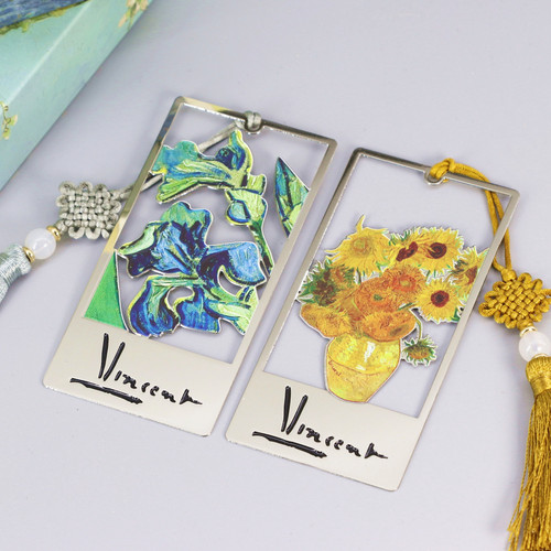 Vincent Van Gogh Sunflowers Irises Apricot Blossoms Metal Creative Art Tassel Literary Exquisite Gift Box Bookmark