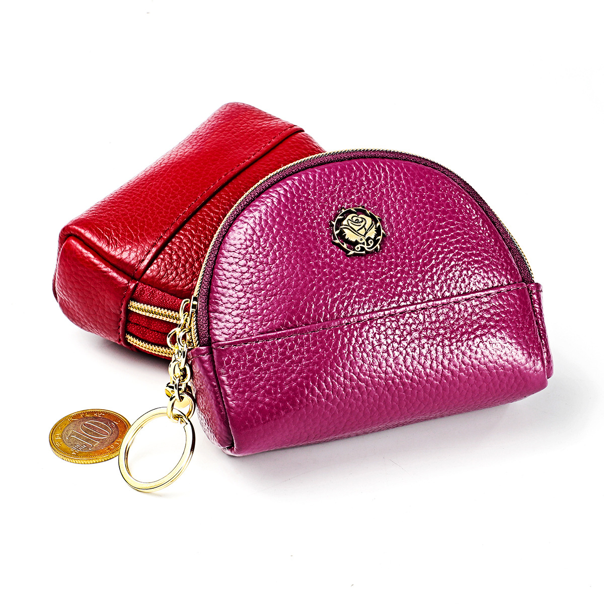 Linda bolsa feminina de couro legítimo nova mini bolsa para moedas com zíper duplo_voghion.com