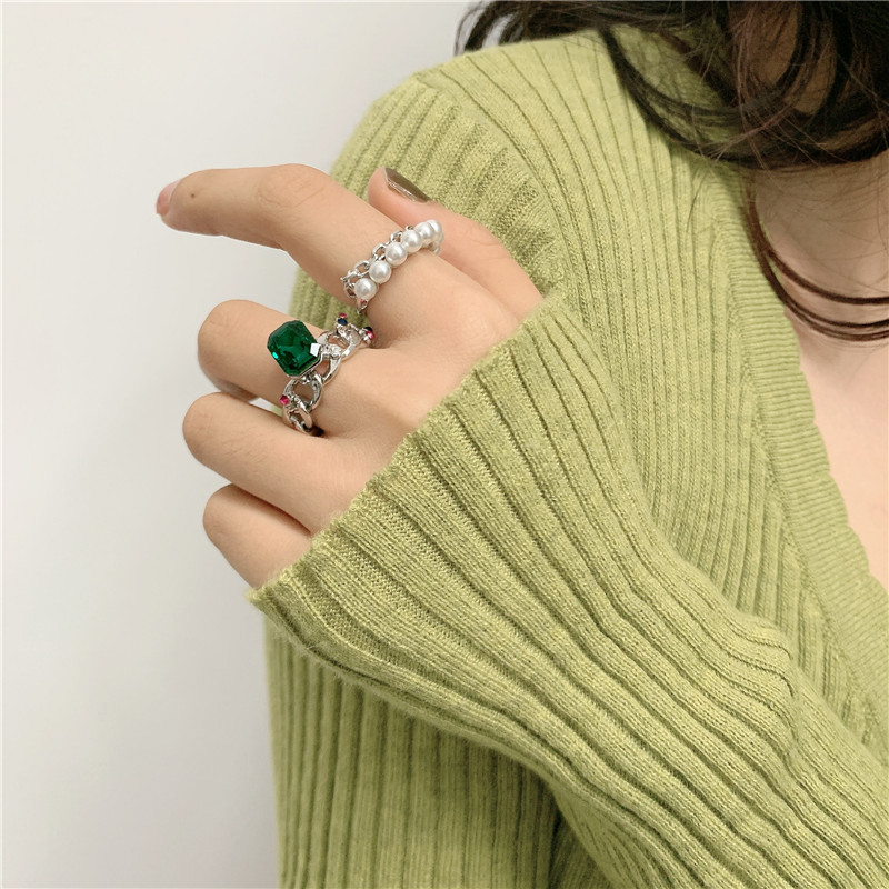 Pearl Zircon  Emerald Index Finger Ring display picture 12