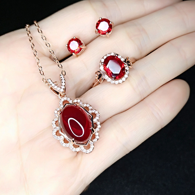 Wholesale Imitation Pigeon Blood Ruby Rose Gold Plated Garnet Jewelry Four-piece Set display picture 1