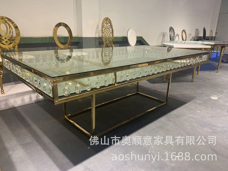 Golden stainless steel long table foreign hotel banquet table outdoor wedding wedding table factory direct sales