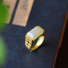 简约方形精工镶嵌款式独特时尚戒指s925银镶嵌和田白玉方形戒指