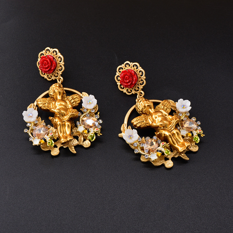 Rhinestones Inlay Material Drop Earrings Classification 1 Pair IG Style Angel Flower Inlay Alloy Rhinestones Drop Earrings
