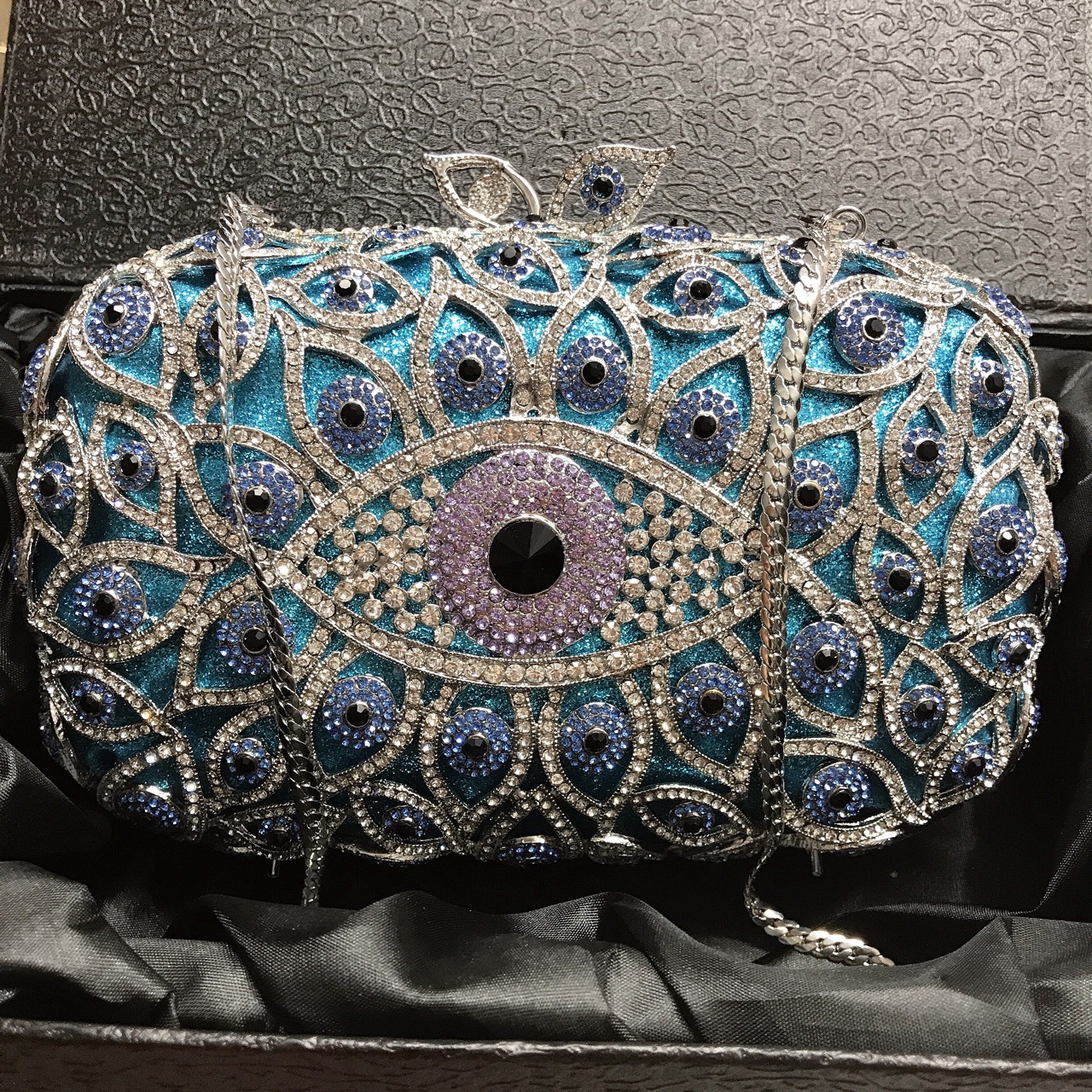 Túi clutch nữ đính kim cương dạ tiệc kiểu vuông nhỏ — Màu xanh lam chi tiết 9