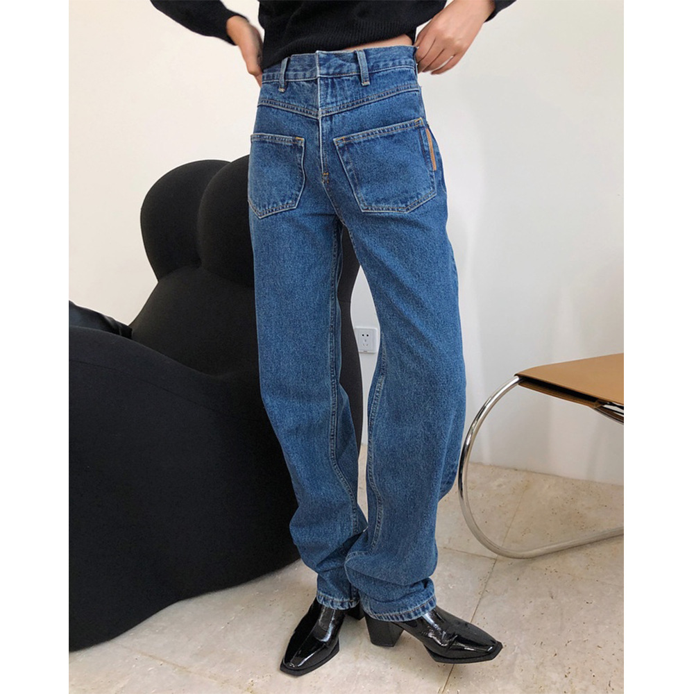 Spring new retro recorded trendy medium waist straight jeans anti-design loose slim water tattoo women