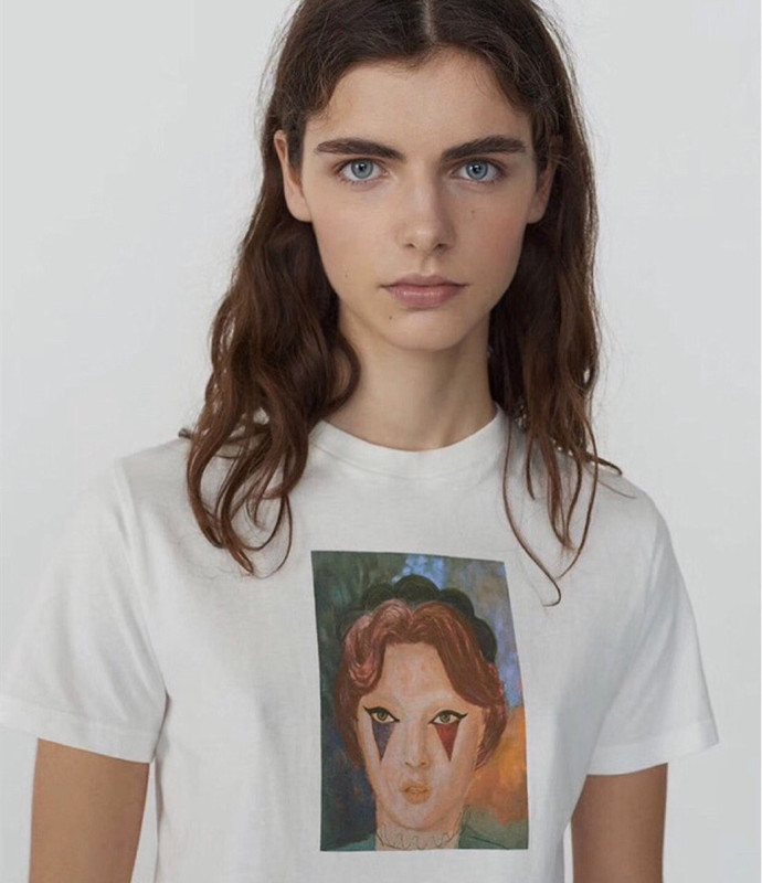 Girl's Head T-shirt Personality Weird Elf Circus Girl's Head Print Artistic Short-sleeved T