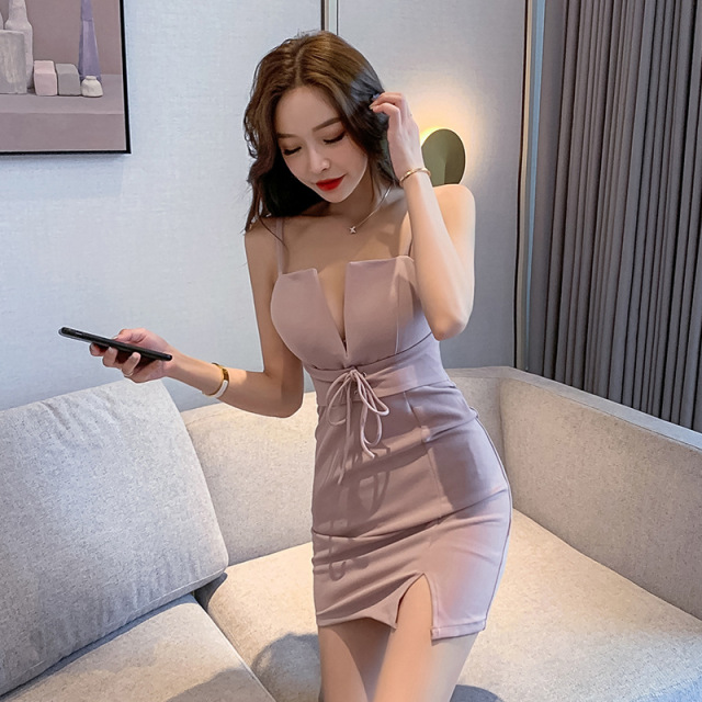 Sexy deep v-waistband hip strap dress