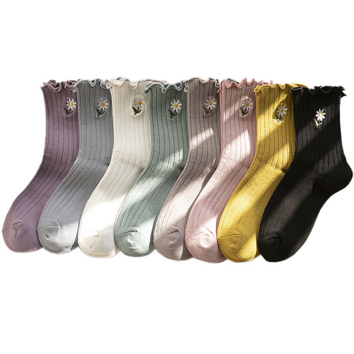 Cotton socks, sweet lace mid-calf women's socks, fashionable fungus edge, small flower embroidery, Japanese style pile socks, one piece drop shipping